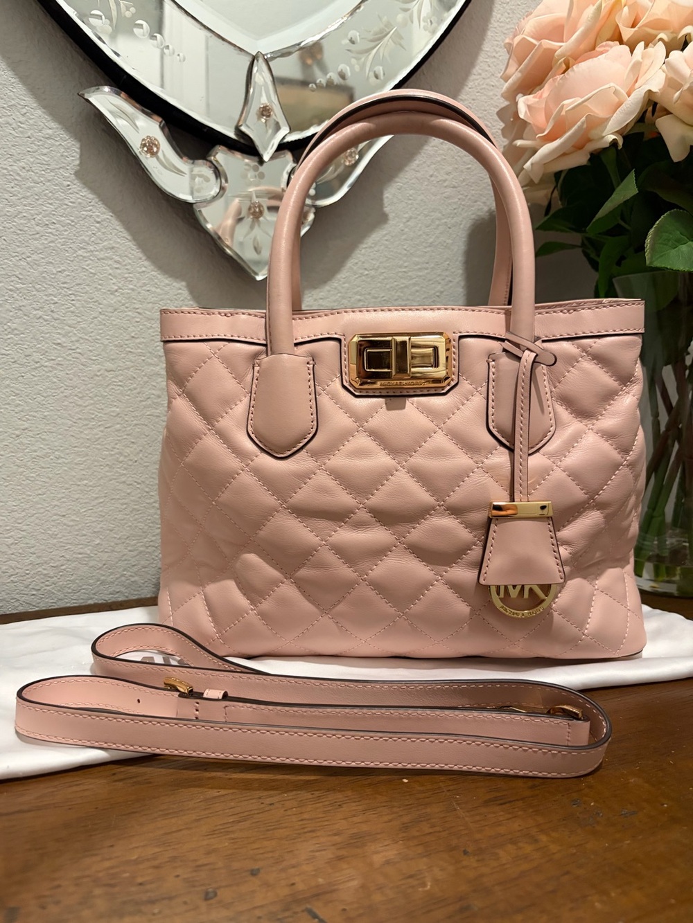 Pink Michael Kors Hannah Medium Quilted Leather Satchel